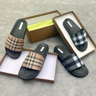 Dép lê nam quai ngang B.B.R cao su non đúc quai hoạ tiết sọc kẻ nâu đen đế dập chữ