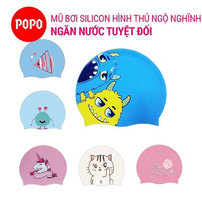 Mũ bơi trẻ em silicon POPO CA43 chùm tai cho bé từ 3 tuổi họa tiết ngộ nghĩnh, an toàn