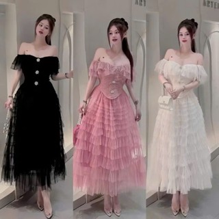  Set váy thiết kế chất ren hoa nổi 3 màu đi tiệc set áo trễ vai đính phụ kiện phối chân váy dáng dài xòe chất voan tầng 