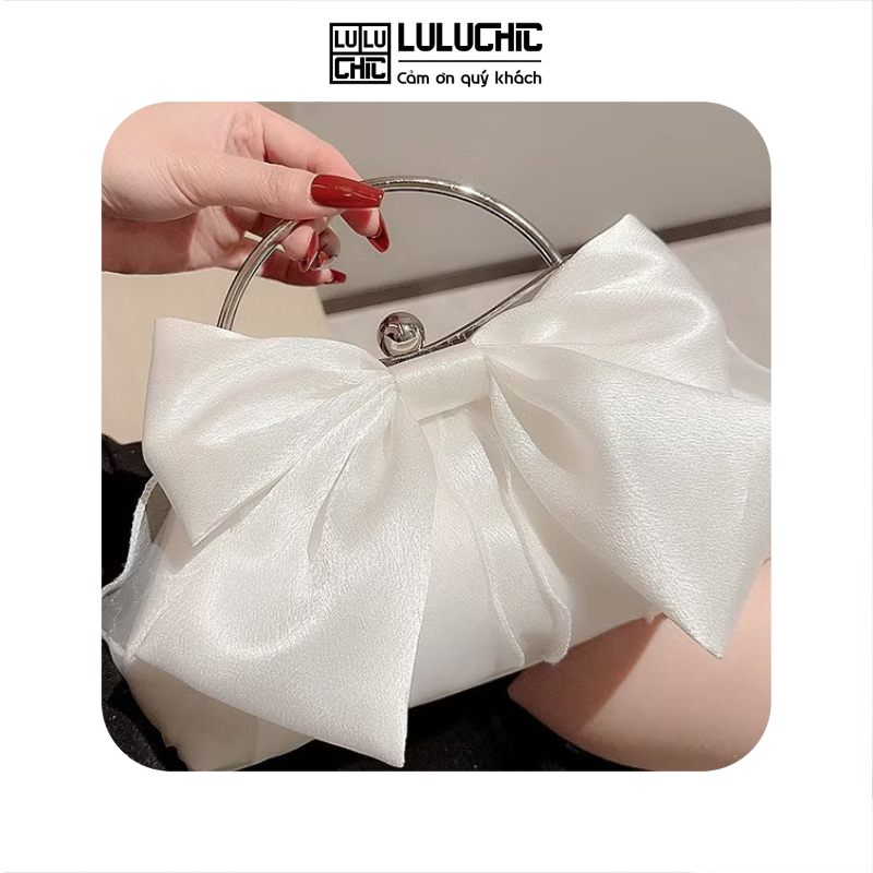 Túi xách nữ  đi tiệc cưới dạ hội phối nơ phong cách tiểu thư xinh xắn  size 25 cm