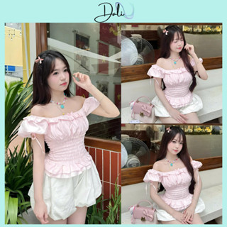 Set 2 Món Màu Hồng BaBy Gồm Áo Trễ Vai Bèo Tay Bồng Đính Nơ Nhún Eo + Chân Váy Bí Phồng Có Quần Trong Chất Liệu Thô Hàn