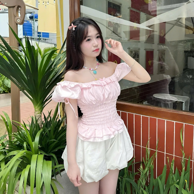 Set 2 Món Màu Hồng BaBy Gồm Áo Trễ Vai Bèo Tay Bồng Đính Nơ Nhún Eo + Chân Váy Bí Phồng Có Quần Trong Chất Liệu Thô Hàn | BigBuy360 - bigbuy360.vn