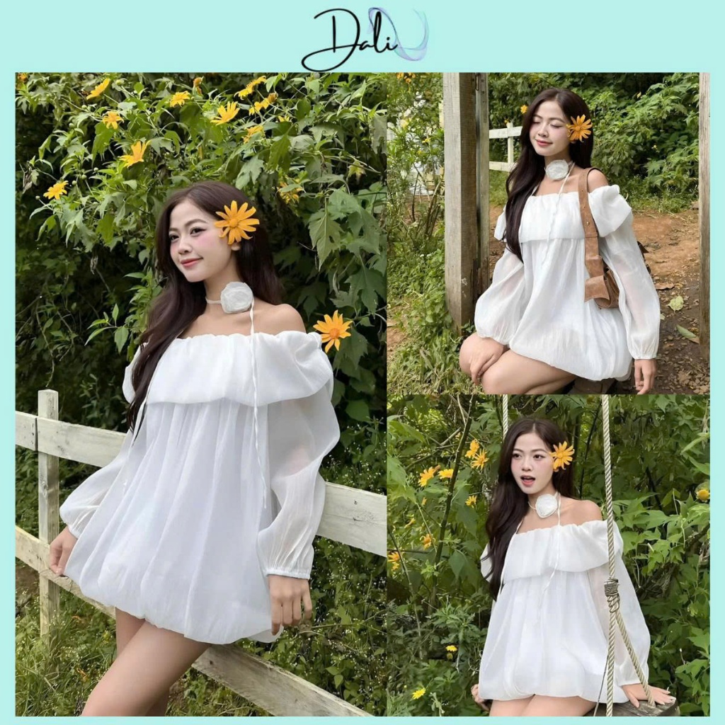 Đầm Trễ Vai Tay Bồng Dáng Bí Chất Liệu Tơ Xốp + Tặng Dây Hoa + Quần Mặc Trong | BigBuy360 - bigbuy360.vn