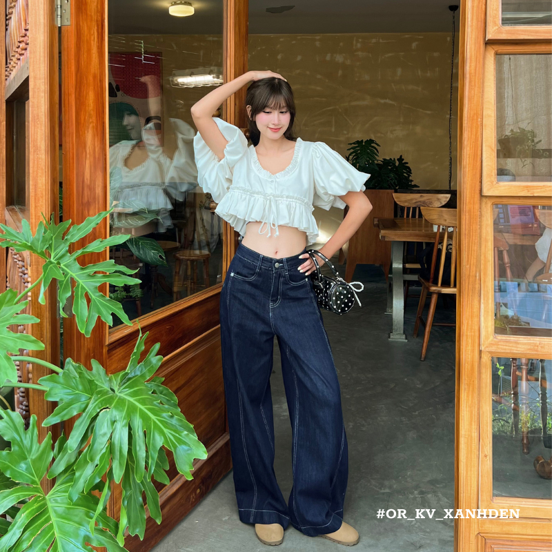 Quần Jeans nữ form dáng ống rộng có viền sọc giữa phong cách basic Hàn Quốc | BigBuy360 - bigbuy360.vn
