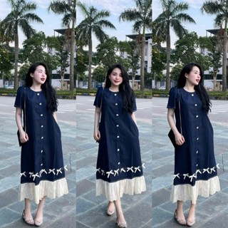 Váy Đầm Bầu Jean Chân Phối Ren Thêu Nơ Viền