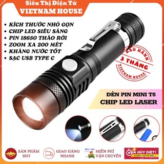 ĐÈN PIN MINI SIÊU SÁNG XML-T8, THIẾT KẾ NHỎ GỌN LED LASER CÓ ZOOM XA GẦN, ĐÈN PIN CẦM TAY SẠC TYPE C CHỐNG NƯỚC TỐT