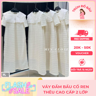 Váy Đầm Bầu Cổ Ren Thêu Cao Cấp Mặc Bầu Và Sau Sinh