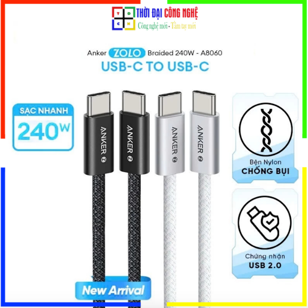 ANKER Zolo A8060 Cáp sạc nhanh 240W USB-C To USB-C Chiều dài 1M-1.5M - Chất liệu Nylon Dù Hạn Chế Bụi Bẩn Đứt Gãy.