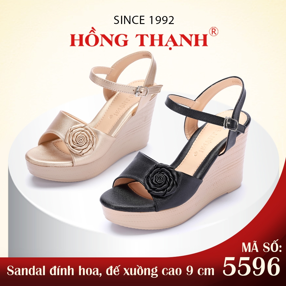  Giày Xuồng Nữ HỒNG THẠNH Sandal Đế Xuồng Cao 9cm Đính Hoa Hồng Tôn Dáng - 5596 