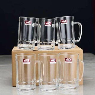 Bộ Ly Thủy Tinh Uống Nước - Creamic, 6 Cốc Thuỷ Tinh Lớn Có Tay Cầm Dày Dặn Đựng Bia Chất Liệu Thủy Tinh Không Chì