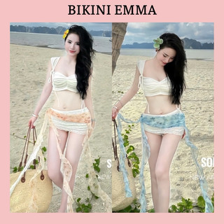 BIKINI EMMA Set Bikini Loang Thổ Cẩm Thắt Nơ Áo, Chân Váy Tua Rua (Tặng Kèm Hoa Đính Áo)