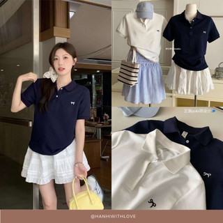 Áo thun polo nữ mùa hè thêu nơ trước ngực, Áo thun cổ tròn cơ bản cộc tay, áo polo tay ngắn có ve áo