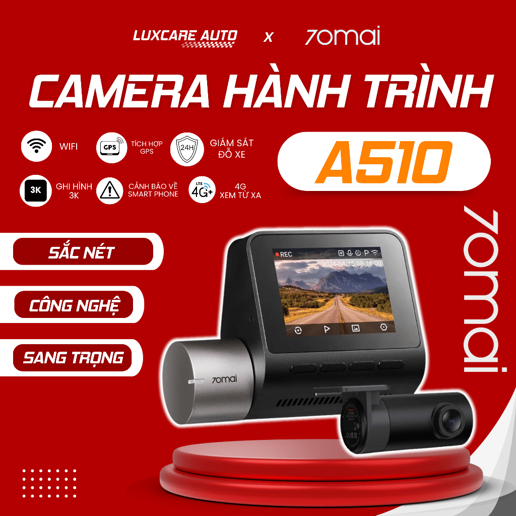 Camera hành trình ô tô 70mai A510, Độ phân dải 3K/1080p - Bản quốc tế, hỗ trợ Tiếng Việt, BH 12 thán