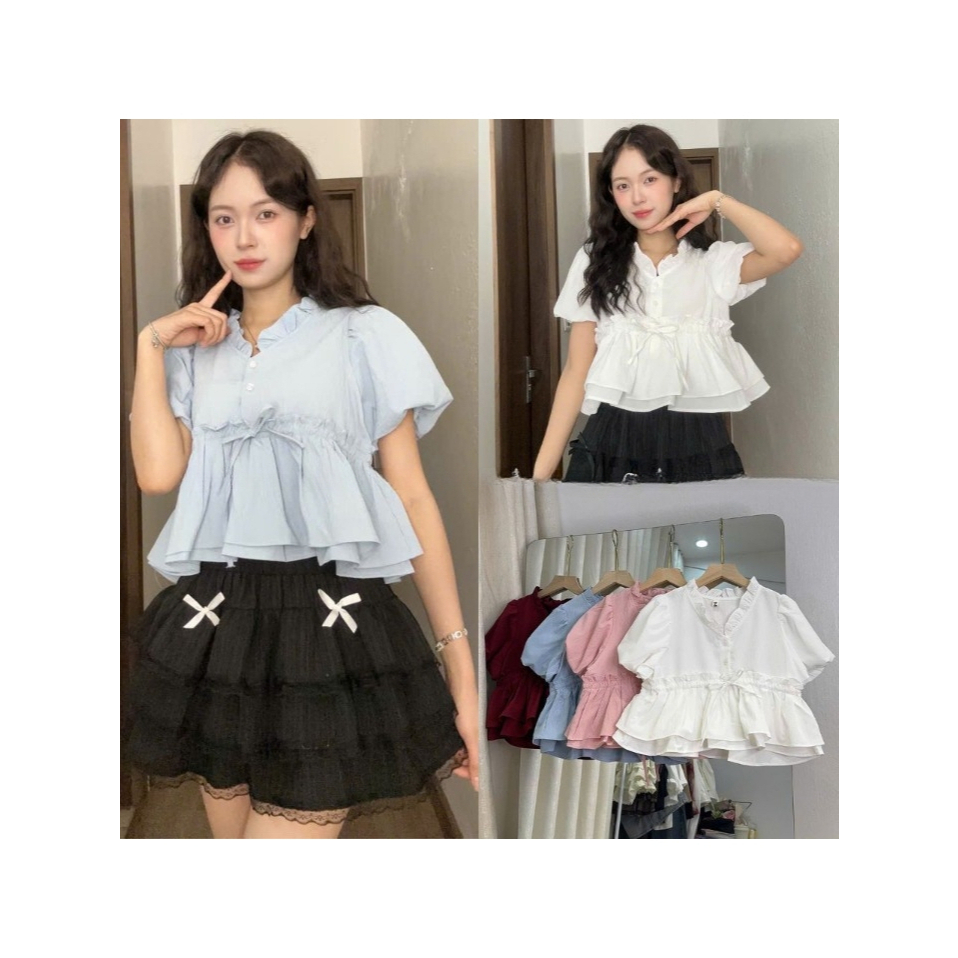 🌷 ÁO BABYDOLL A29 – CROPTOP CỔ V TAY BỒNG, DÁNG XÒE NÀNG THƠ HELEN'S