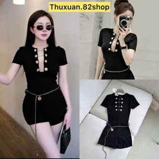 Jum nữ ngắn tay phối nút mix dây xích sành điệu | Đồ jumpsuit nữ body ngắn tay khoét ngực cài nút phối dây xích cá tính
