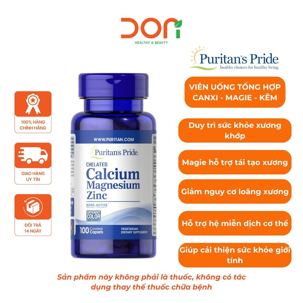 Viên Uống Puritan's Pride Chelated Calcium Magnesium Zinc Hỗ Trợ Chắc Khỏe Xương Khớp