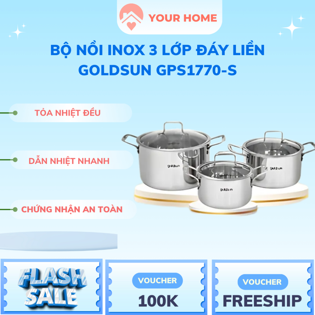Bộ nồi inox 3 lớp đáy liền Goldsun GPS1770-S 3 món chính hãng bền bỉ dùng trên mọi loại bếp