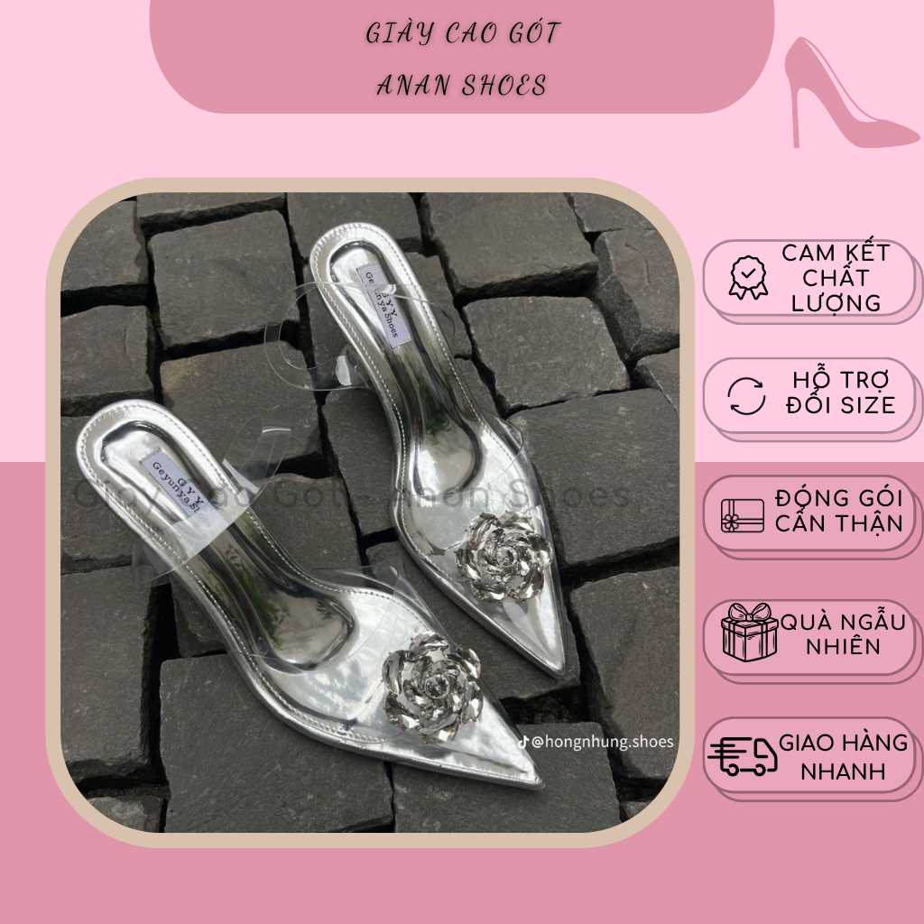 [ Tăng 1 Size ] Giày Cao Gót Trong Suốt 7p Và 9p, Guốc Quai Trong Suốt Đính Đá Hoa Hồng ,  Dễ Phối Đ