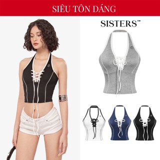 Áo croptop cổ yếm đan dây ngực SISTERS màu đen, trắng, xanh rin phối viền cổ khoét sâu gợi cảm Caridwen | SS24-T1