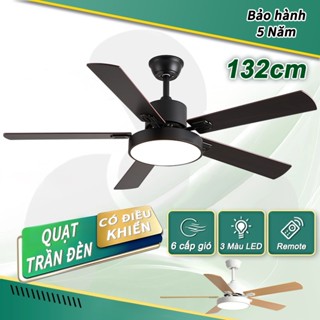 Quạt trần phòng khách cánh gỗ quạt trần đèn 3 màu tốc độ gió 6 tốc độ kèm Remote 106/122/132cm