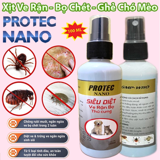 Xịt Chó Mèo PROTEC NANO Đuổi Ve Rận, Bọ Chét 100ml Chính Hãng - Loại Bỏ Trứng Ấu Trùng Lành Tính, An