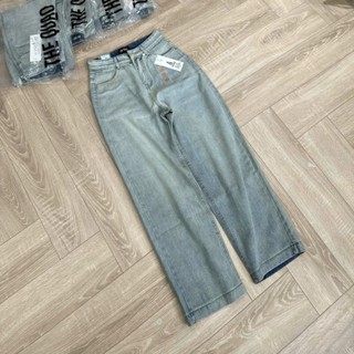 THE QUẠO - Quần Jean Nữ Lưng Cao Ống Suông Dáng Dài Lai 3CM Màu Xanh Nhạt Bụi  R0612_572