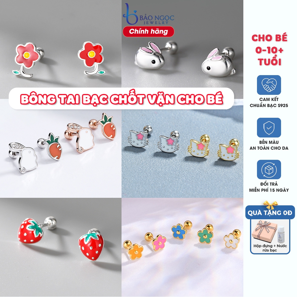 Bông tai bạc cho bé (Tổng hợp mẫu), Khuyên tai chốt vặn cho bé dễ thương an toàn không ngứa - THM5