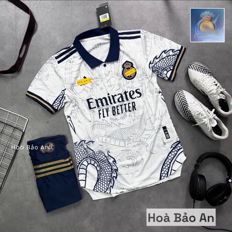 Bộ quần áo bóng đá Real Madrid rồng trắng dễ thương in Hello Kitty - in tên số cá nhân theo yêu cầu