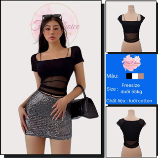Áo lưới 2 dây trễ vai nữ trơn có lớp lót an toàn Freechoice áo thun tay ngắn phối ren thoáng mát