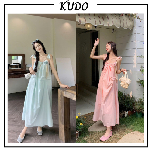 Váy hai dây nơ vai maxi dáng dài màu xanh hồng pastel tôn da, Đầm freesize form suông đính hoa ren m