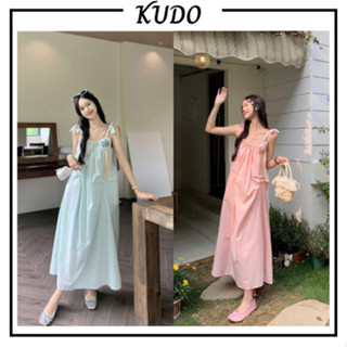 Váy hai dây nơ vai maxi dáng dài màu xanh hồng pastel tôn da, Đầm freesize form suông đính hoa ren mặc hè KUDOSHOP