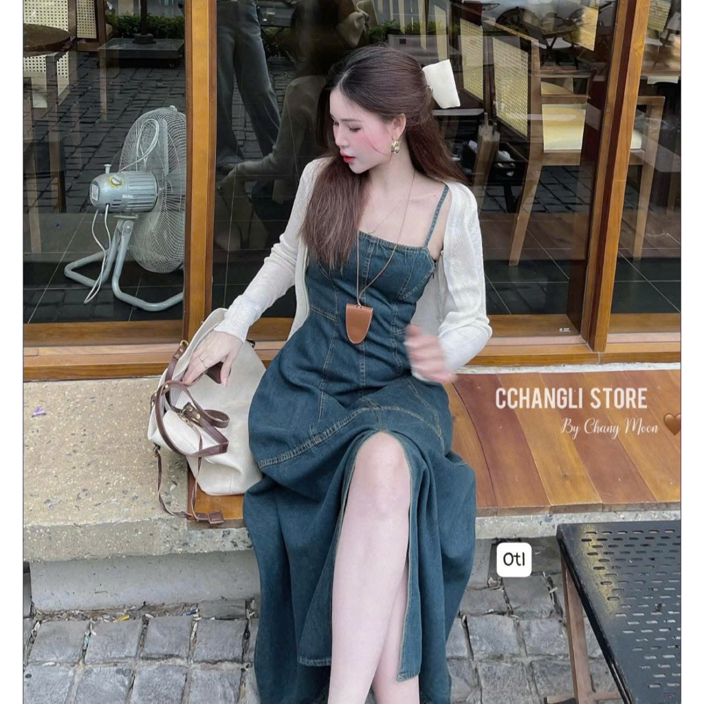 Set Váy Nữ,Set Váy Sang Chảnh Kiểu Dáng Váy Bò Maxi 2 Dây Kèm Áo Choàng Dáng Ngắn Tay Dài V43