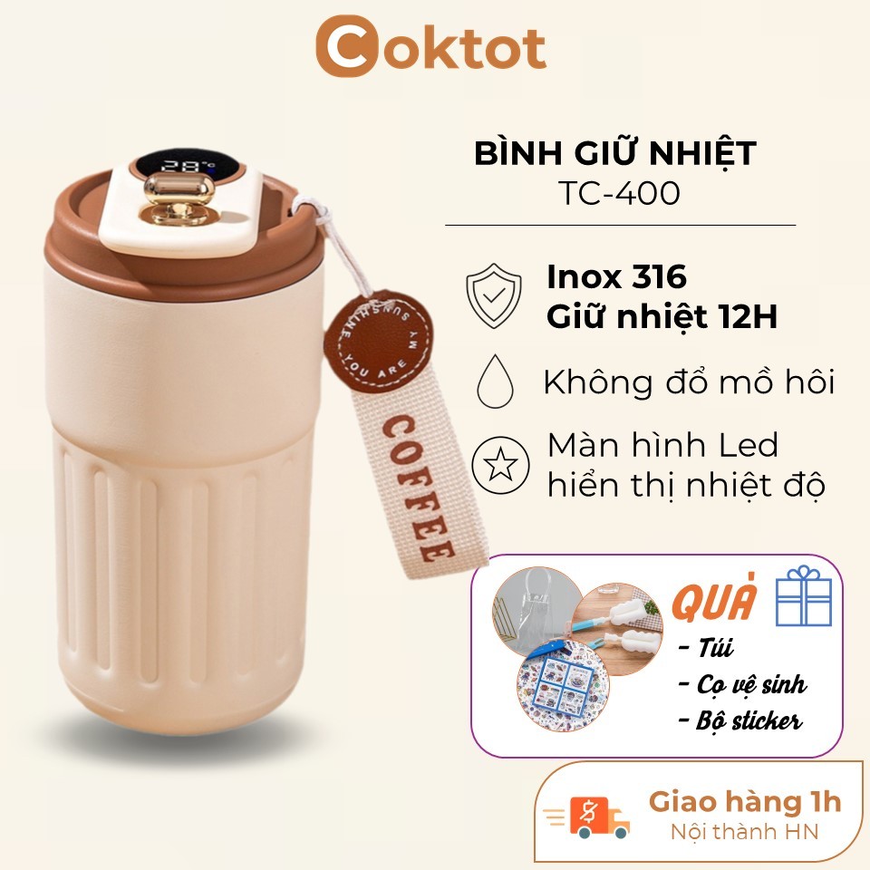 Cốc giữ nhiệt TC400 inox 316 cao cấp, bình giữ nhiệt nóng lạnh 6-12H không đổ mồ hôi, màn hình LED hiển thị nhiệt độ | BigBuy360 - bigbuy360.vn