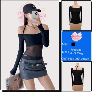 Áo Yếm Ren Tay Dài Dáng Ôm Hở Vai Freechoice Áo lưới Trễ Vai Xuyên Thấu Thời Trang Quyến Rũ Cho Nữ