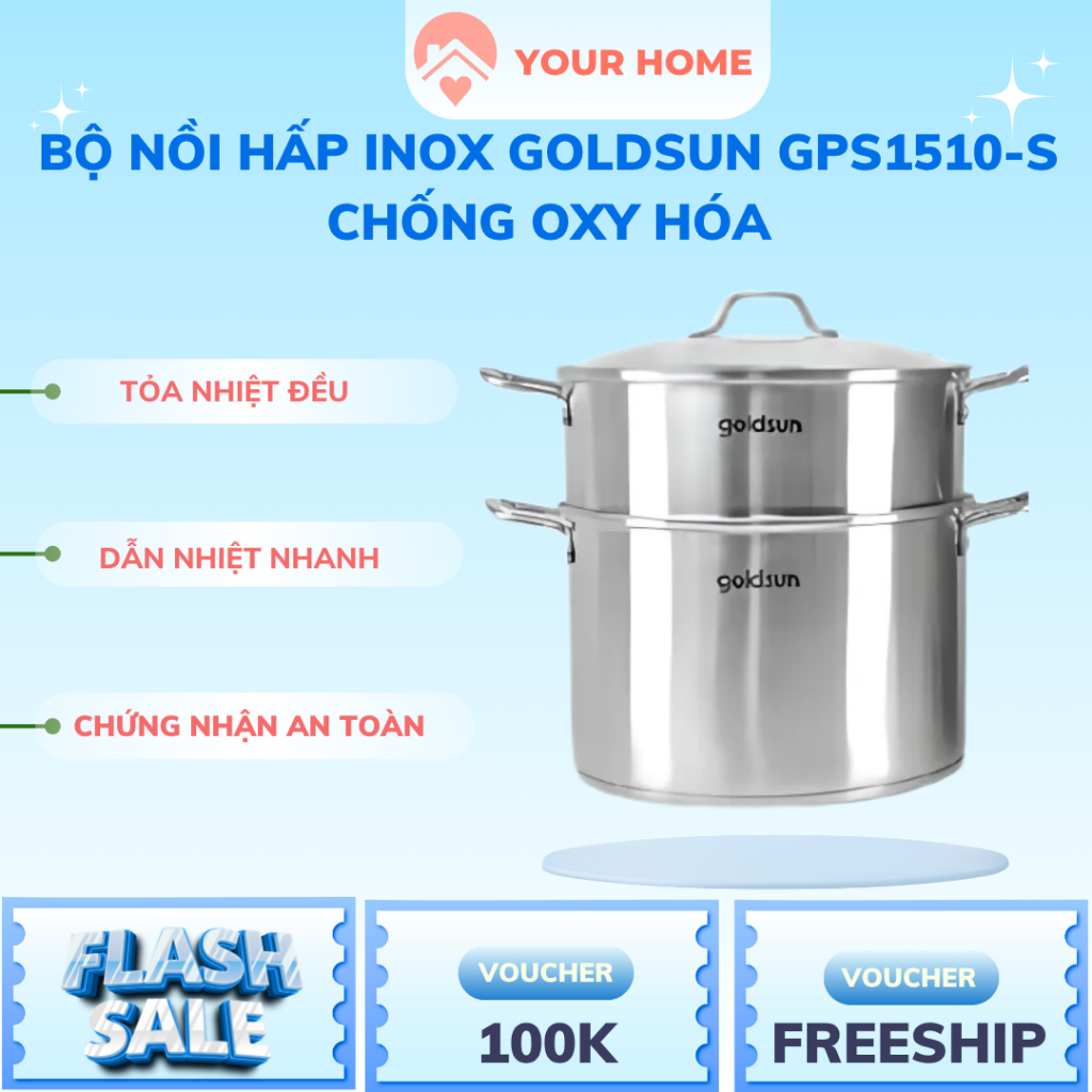Bộ Nồi Hấp Inox Goldsun GPS1510-S Chống Oxy Hóa, 3 Lớp Đáy Từ, Vung Kính Quan Sát