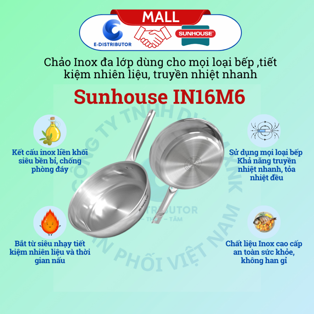 Chảo Inox đa lớp Sunhouse IN16M6 - Hàng chính hãng