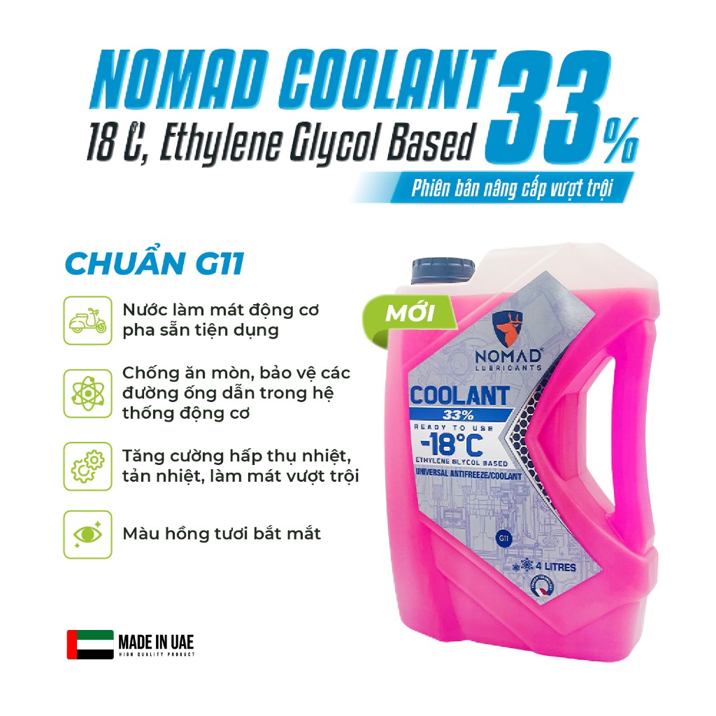 Nước Làm Mát Ô tô Màu Hồng Nhập Khẩu Loại Tốt NOMAD COOLANT 4 Lít -18 Độ C Ethylene Glycol Based