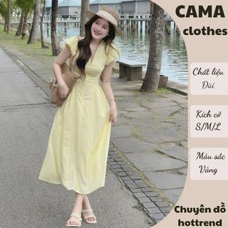  Váy nữ đầm dự tiệc midi dáng dài tay bồng chất xô gân màu vàng chanh mùa hè đi biển HCOM25503 