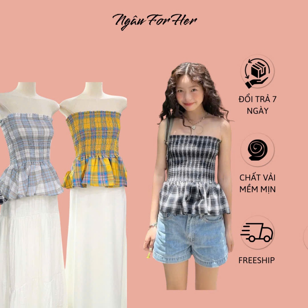 CARA TOP- Áo Ống Quây Bo Chun Hoạ Tiết Caro Freesize Ngâu For her