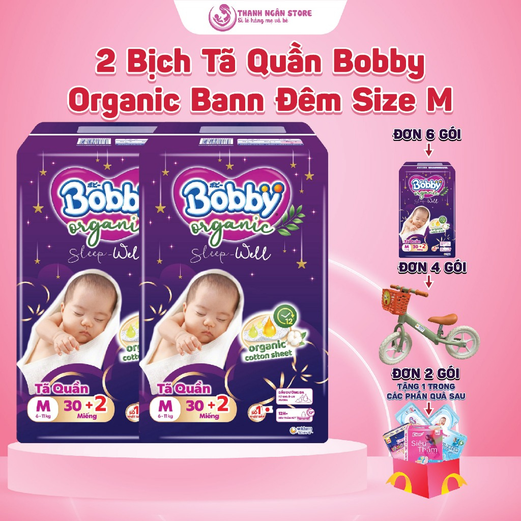 Combo 2 Bịch Tã Quần BOBBY ORGANIC Ban Đêm Size M30+2 - Tã Quần Bobby Ban Đêm Tặng Quà - Thanh Ngân