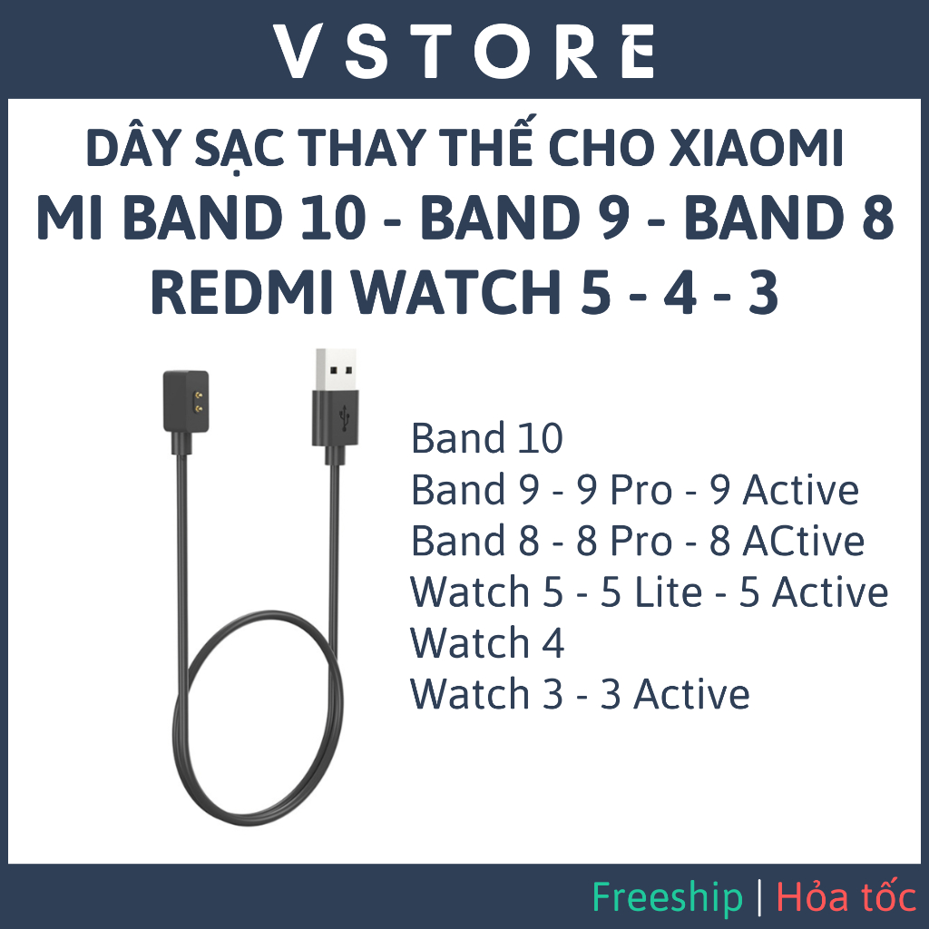 Dây sạc Xiaomi Mi band 10 9 9 Pro 8 Pro 8 Active Watch 5 4 3 Active trắng đen VSTORE HCM