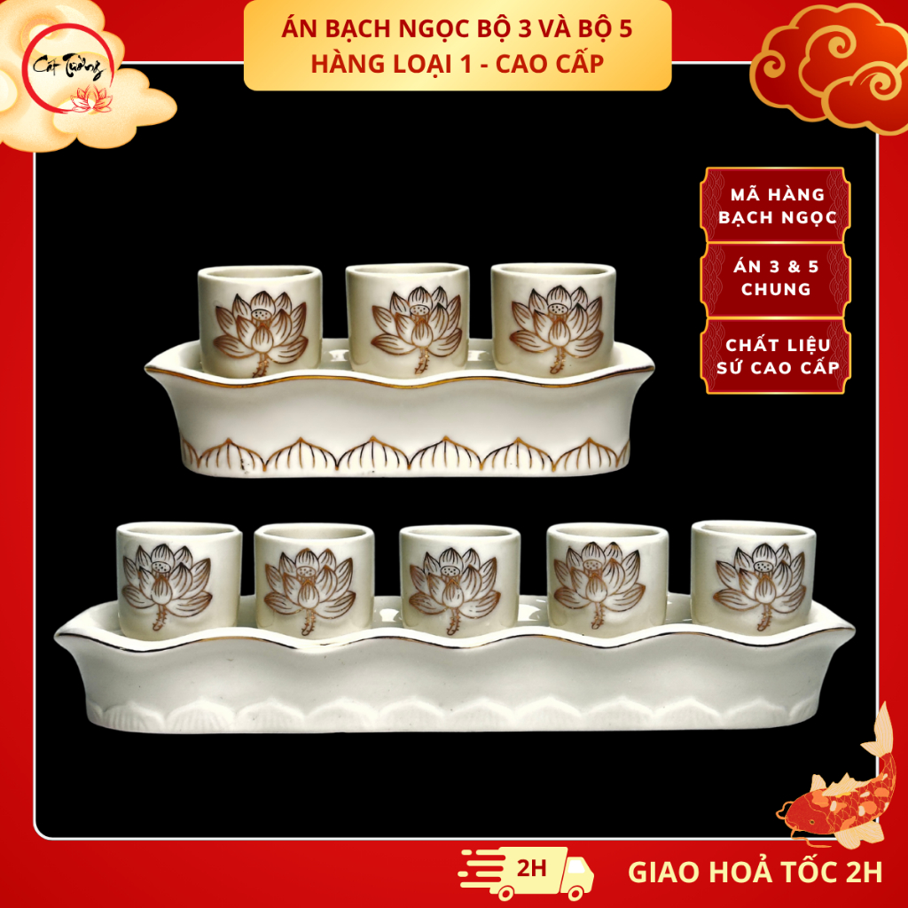 Bộ Án Chung Nước Thờ Cúng Hoa Sen Bạch Ngọc (Loại Sứ Cao Cấp)