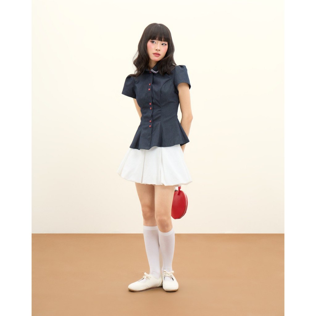 Áo peplum tay phồng cổ bẻ phối viền THE C.I.U, áo kiểu sơ mi dáng ôm chất denim thanh lịch - Namy Top | BigBuy360 - bigbuy360.vn