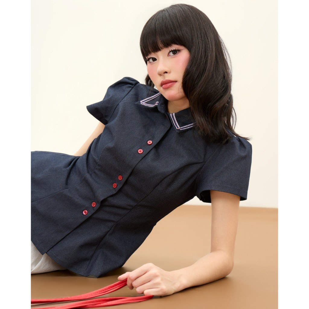Áo peplum tay phồng cổ bẻ phối viền THE C.I.U, áo kiểu sơ mi dáng ôm chất denim thanh lịch - Namy Top | BigBuy360 - bigbuy360.vn
