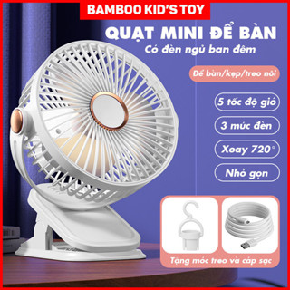 Quạt Mini Để Bàn 5 Chế Độ Gió Có Đèn Ngủ Bamboo, Quạt Tích Điện Để Bàn Có Thể Để Bàn, Treo Nôi Cho Bé