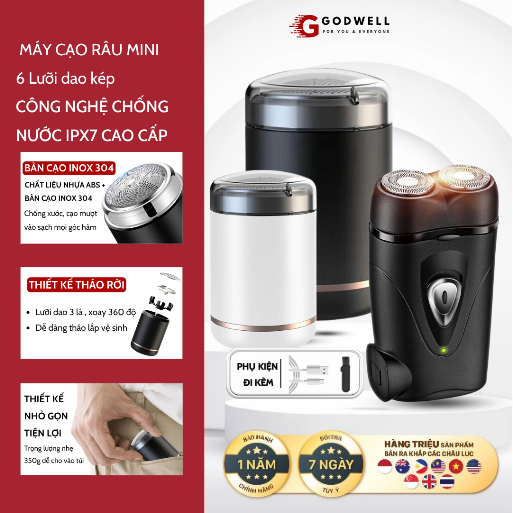Máy cạo râu mini GODWELL bỏ túi đa năng chống nước chuẩn IPX7 , cắm sạc USB tiện lợi 6 lưỡi dao kép