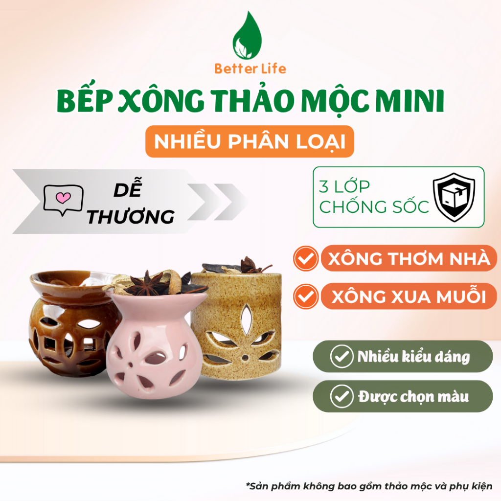 Thảo mộc xông nhà, bếp đốt bồ kết mini Better Life nhiều loại gốm sứ đất nung lò niêu nồi
