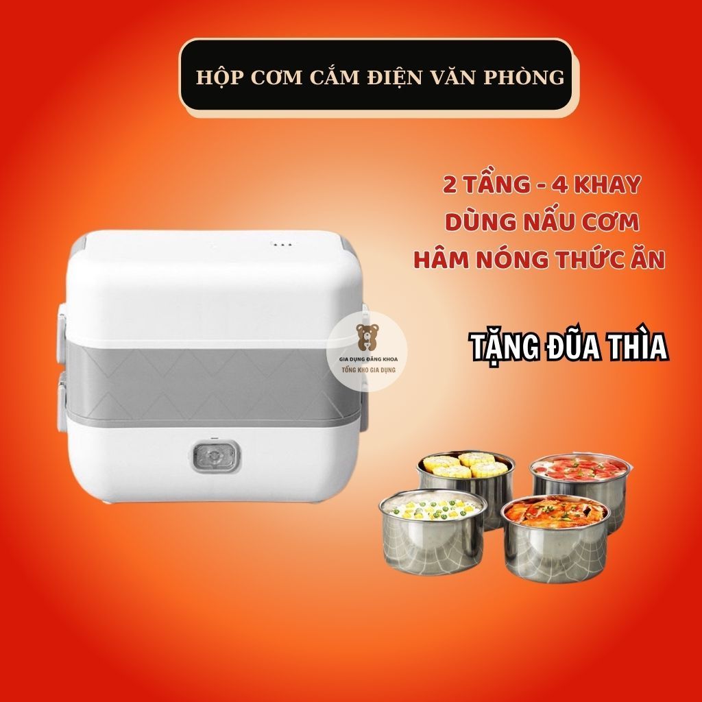 Hộp Cơm Cắm Điện Văn Phòng 2 Tầng 4 Bát Inox Hâm Nóng, Giúp Giữ Nhiệt, Nấu Chín Thức Ăn Tiện Lợi