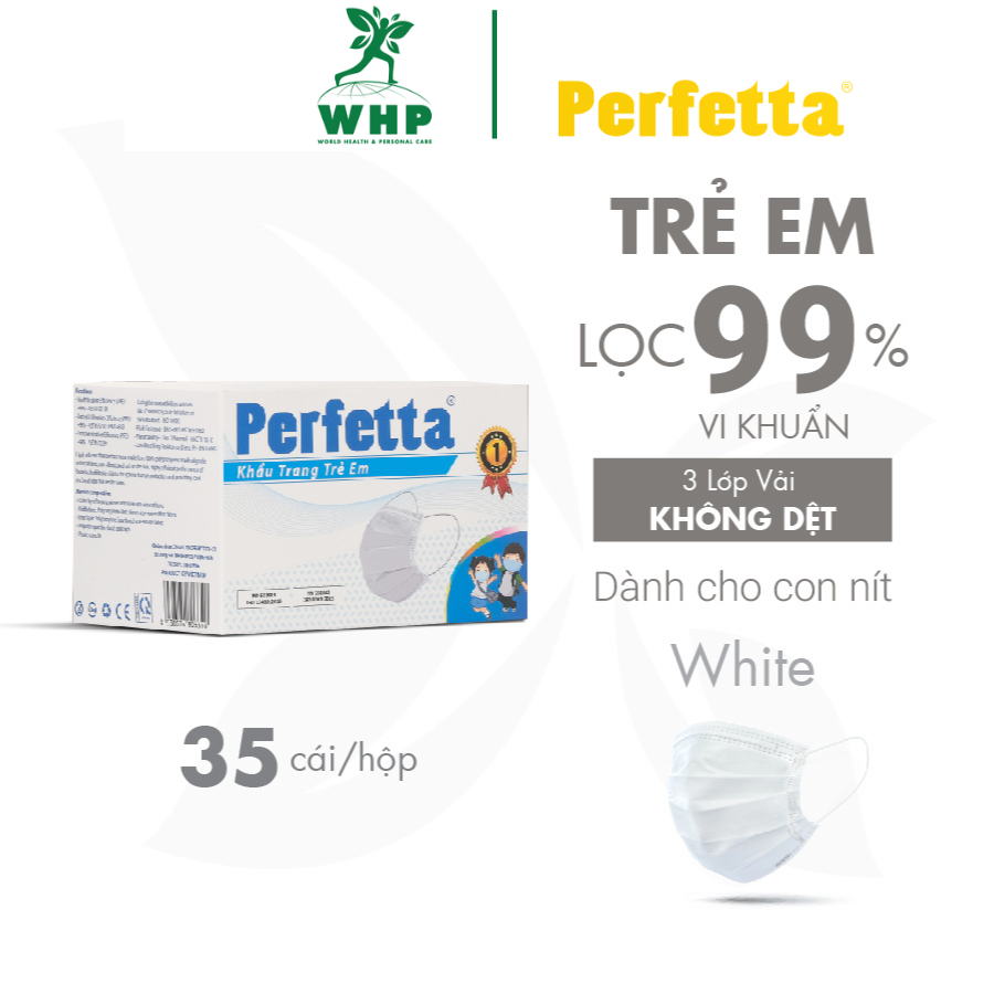  Khẩu Trang Y Tế 3 Lớp Perfetta Trẻ Em 35 Cái Hộp - Trắng Xanh Thoáng Khí 