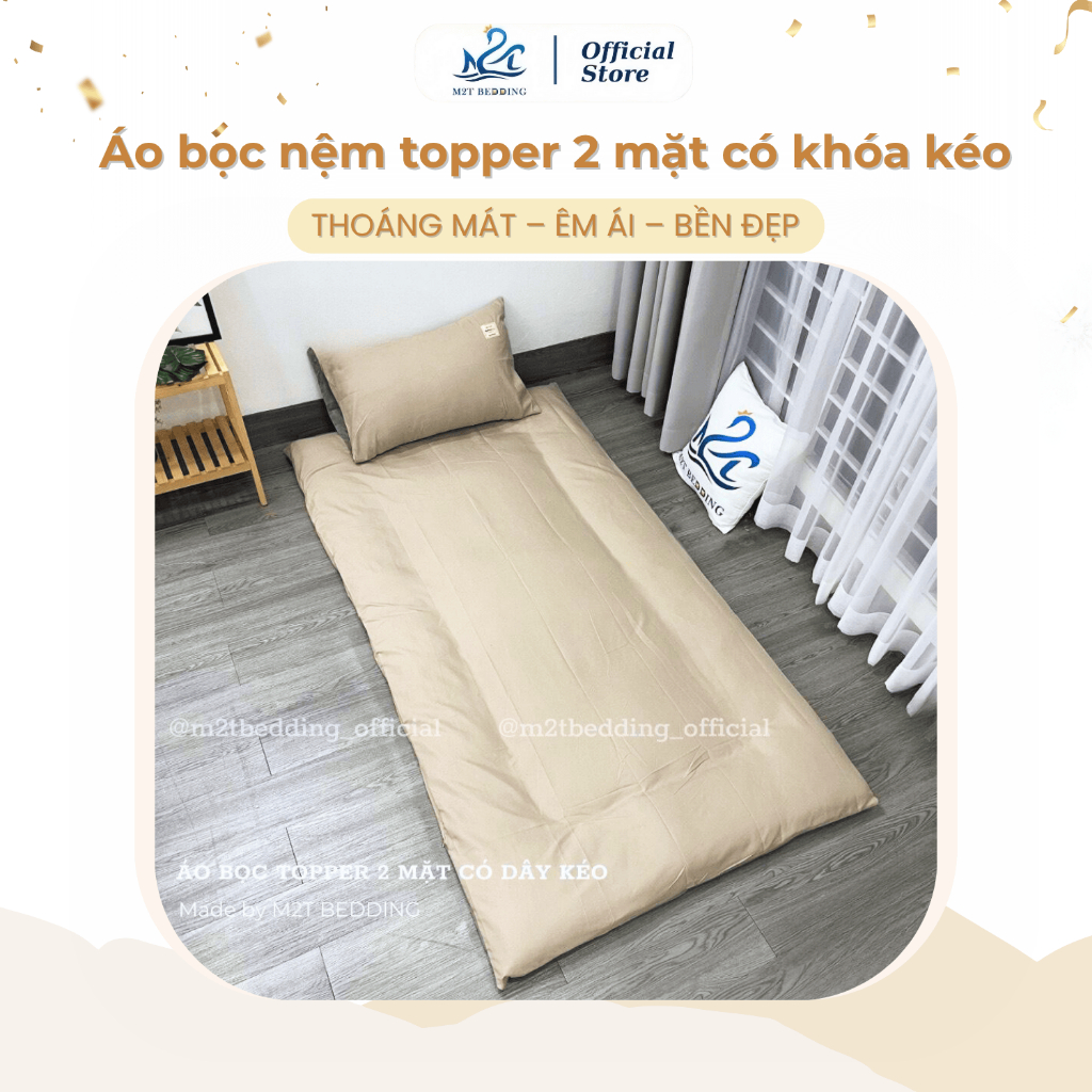 Áo bọc nệm topper 2 mặt có khóa kéo M2T BEDDING chất liệu Cotton Tici không kèm vỏ gối